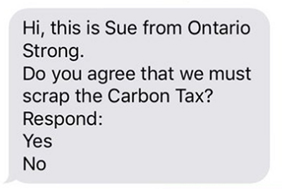 Text message from "Sue of Ontario Strong"