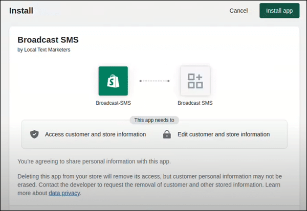 Installing The BROADCASTsms Shopify App